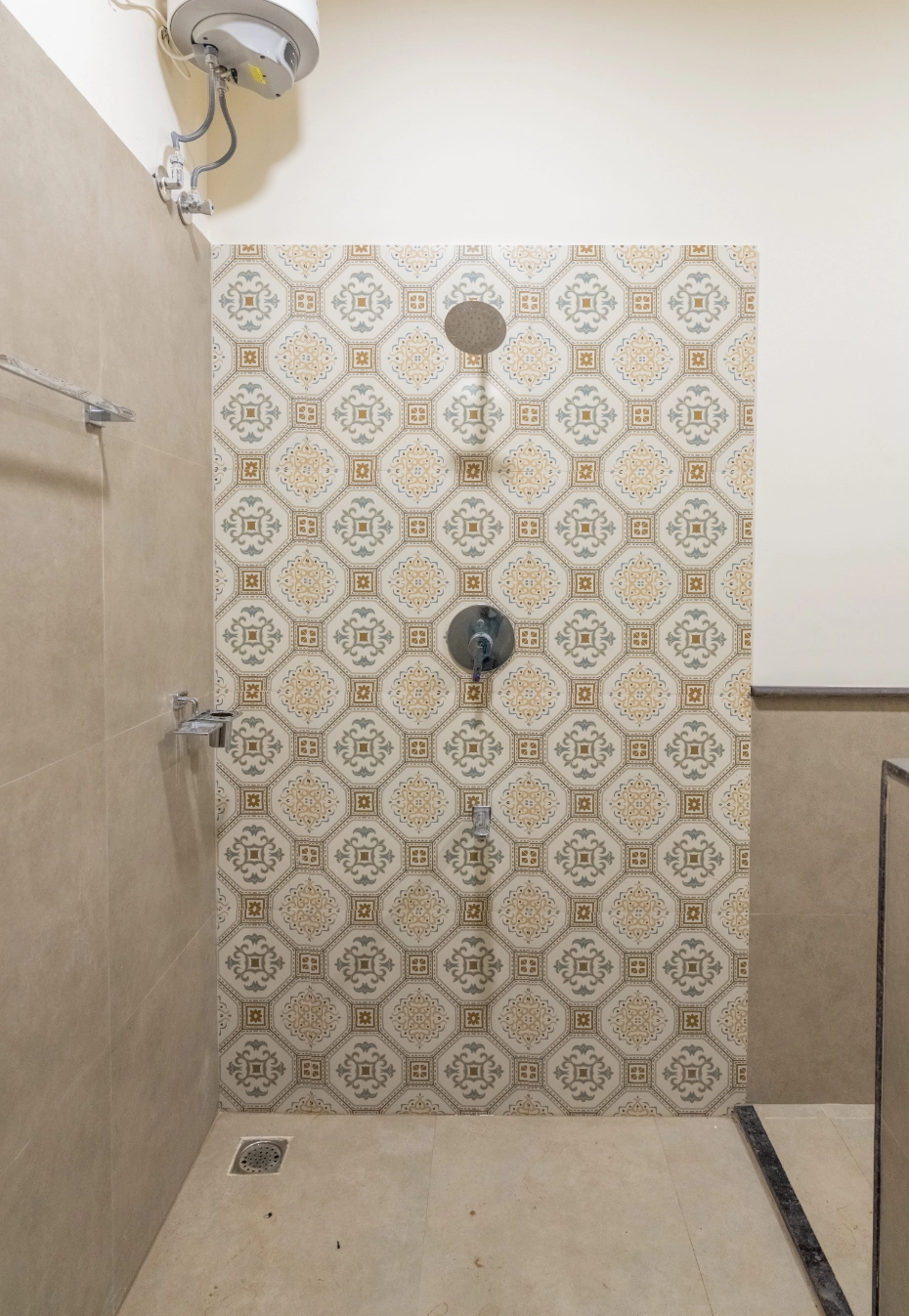 Walk-in shower with modern bathroom fittings
